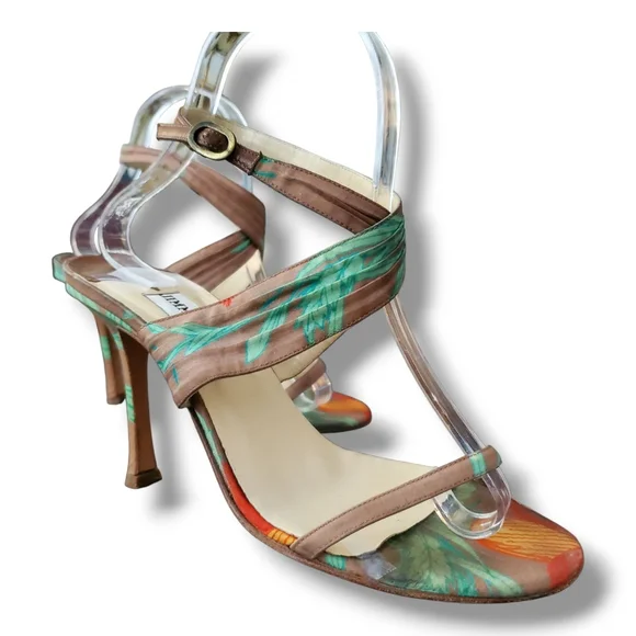 Jimmy Choo Green, Orange& Brown Tropical Ankle Elegant Stiletto Buckle Heels - Picture 6 of 12